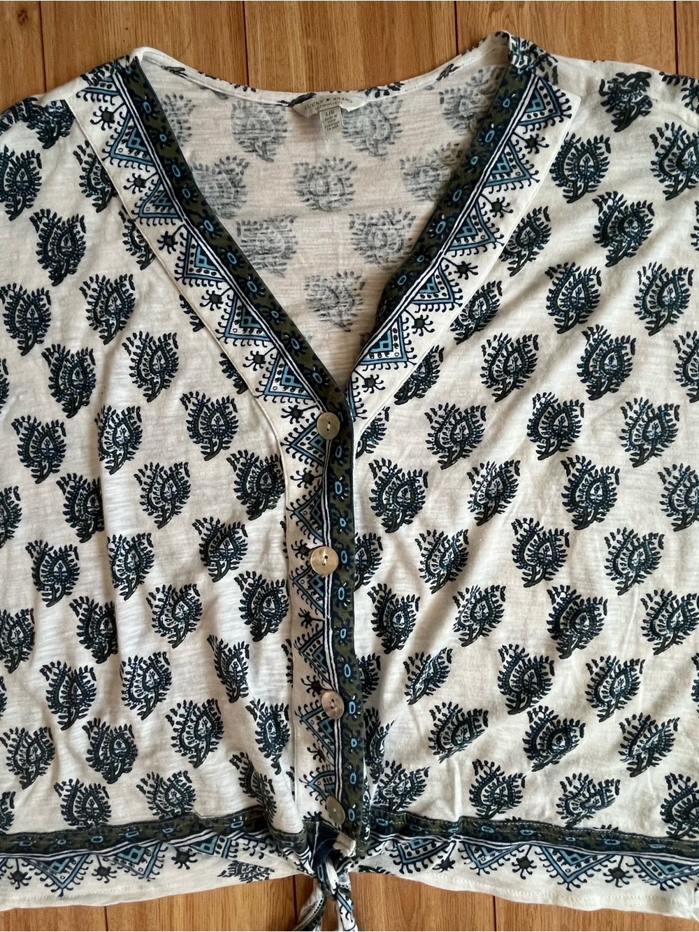 Lucky Brand Navy/Cream Printed V-Neck Blouse Front Tie Cap Sleeve